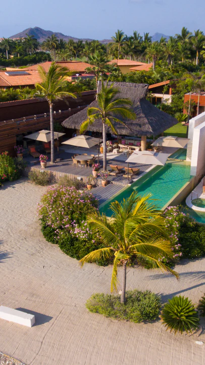An aerial view of a luxurious house with a pool and palm trees, brought to you by Miriam Siordia's Real Estate Agency.